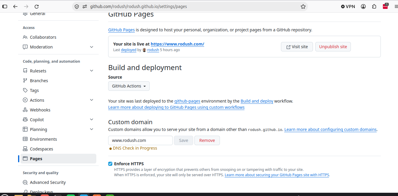 Github Pages settings page